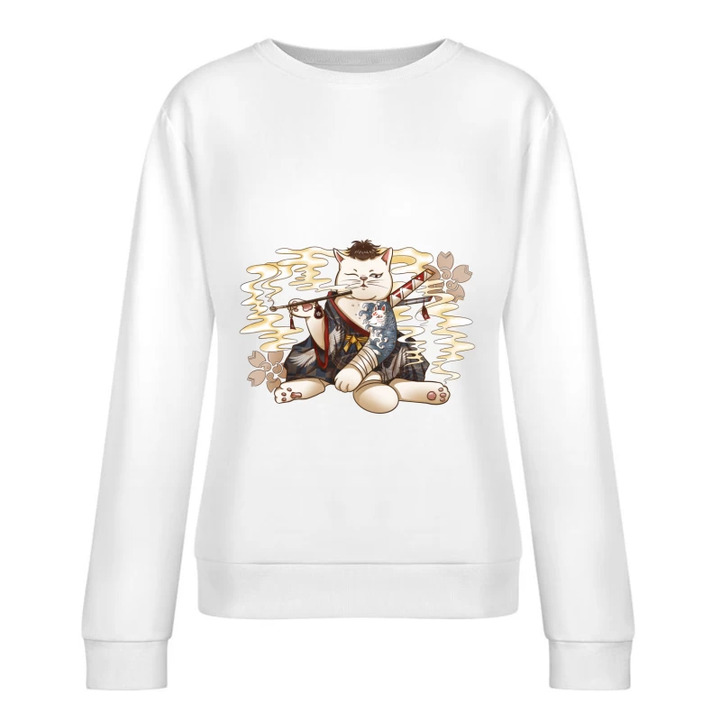 Samurai Katze mit Pfeife Damen Pullover Sweatshirt