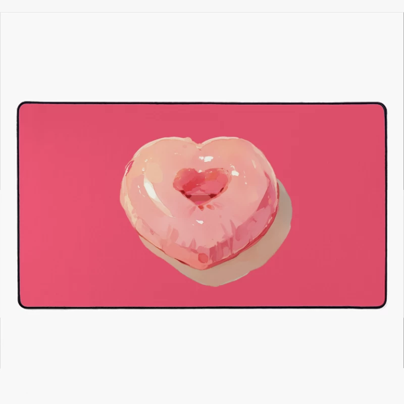 Pink Heart-Shaped Glazed Donut Digital Illustration Desk Mat