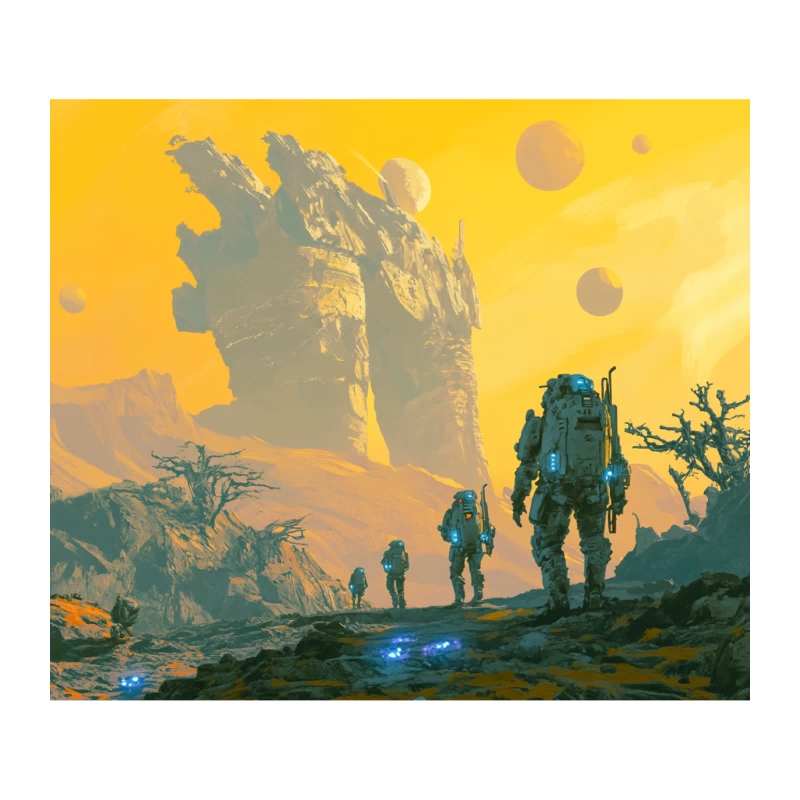 Astronauts Exploring an Alien World with Towering Rock Formations Tapestry