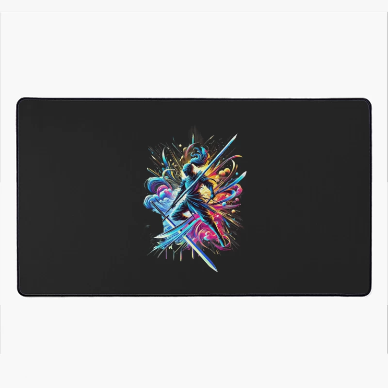 Vibrant Samurai Warrior in Dynamic Motion Desk Mat