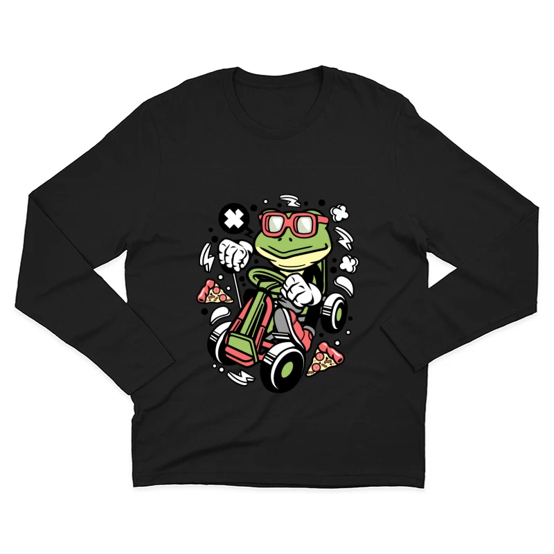 Grenouille cool en kart avec pizza Homme Manches Longues T-Shirt