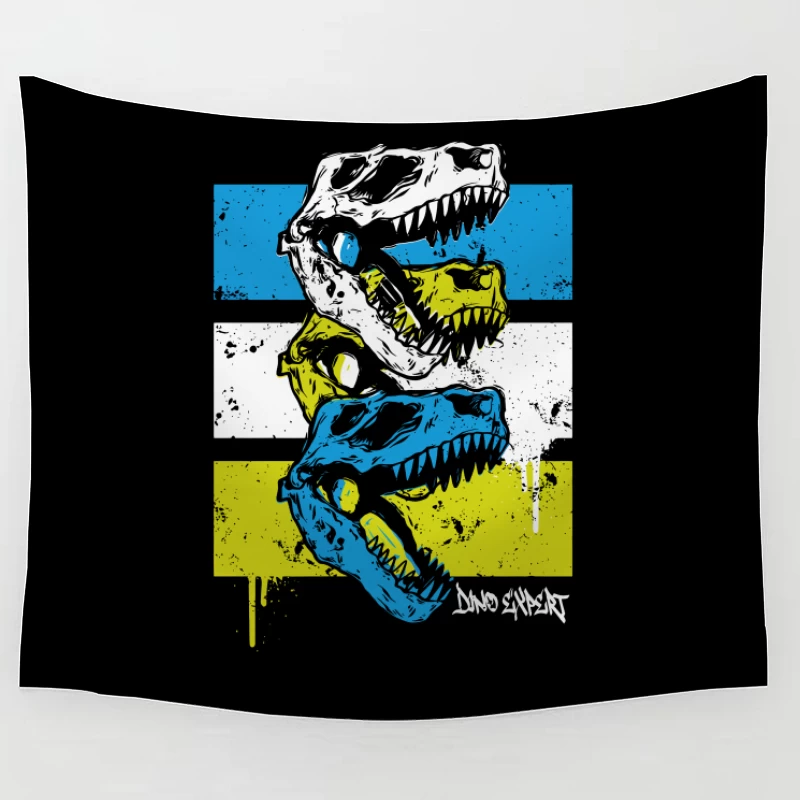 Layered T-Rex Skulls: Grunge Street Art Aesthetic Tapestry