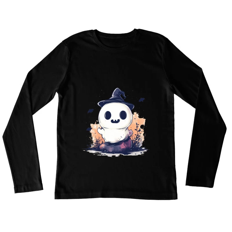 Cute Ghostly Halloween Character with Witch Hat Female Long Sleeve T-Shirt