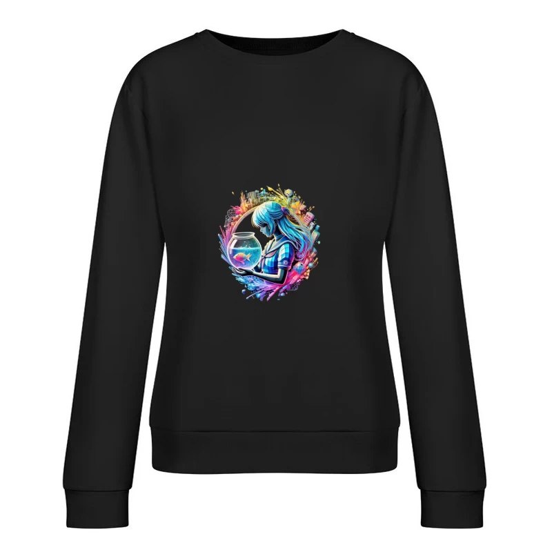 Dreamy Anime-Style Portrait with Goldfish and Urban Fantasy Background Female Pullover Sweatshirt