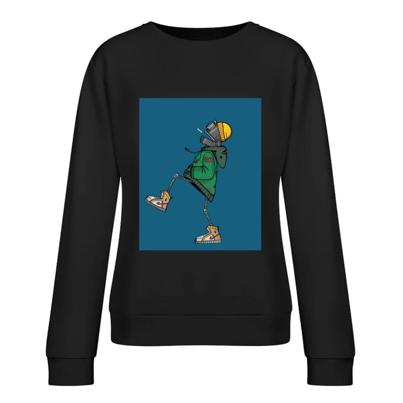 Stylish Robot in Green Jacket and Sneakers Female Pullover Sweatshirt