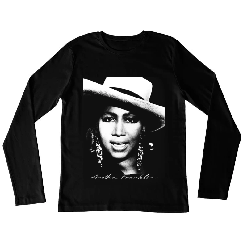 Classic Black and White Portrait with White Hat and Statement Jewelry Female Long Sleeve T-Shirt