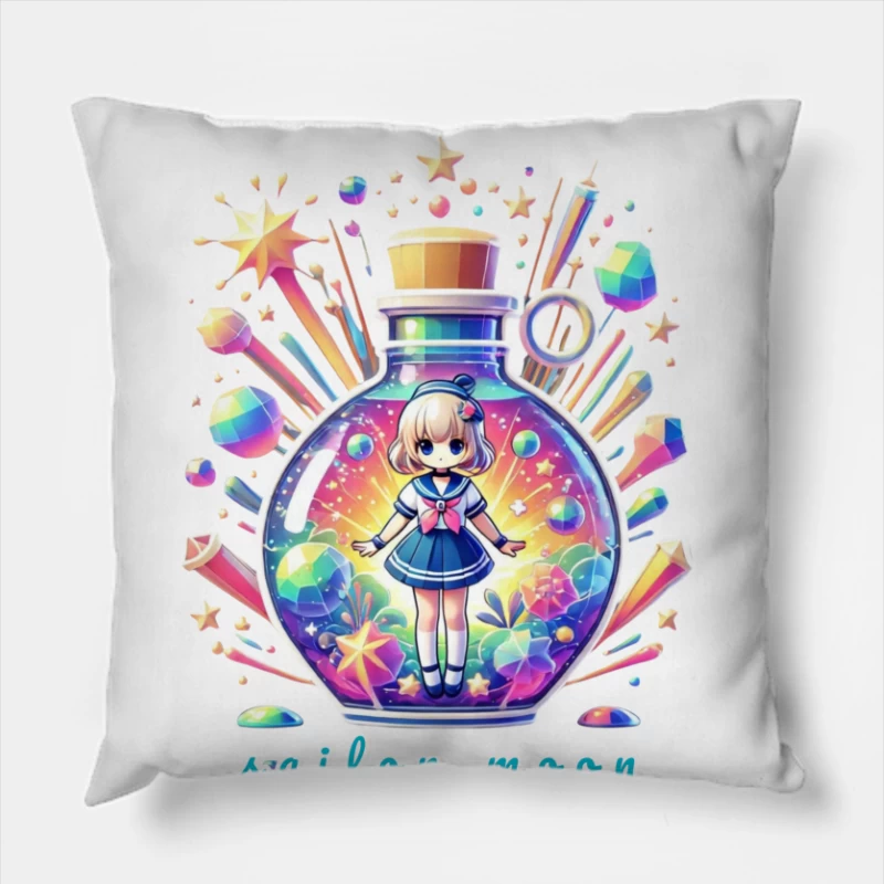 Magical Chibi Sailor in Rainbow Crystal Bottle Throw Pillow