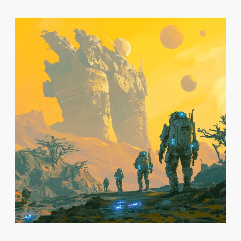 Astronauts Exploring an Alien World with Towering Rock Formations Throw Pillow