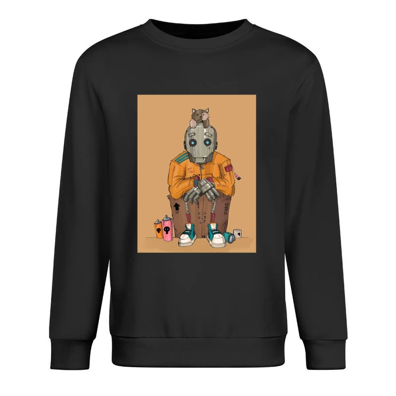 Urban Robot with Cat in Street Art Style Male Pullover Sweatshirt