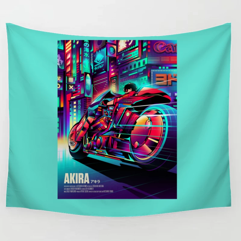 Cyberpunk Akira Motorcycle in Neon City Tapestry