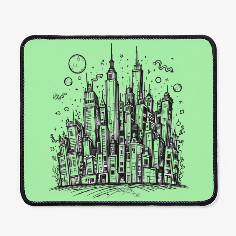 Urban Black and White Cityscape Illustration Mouse Pad