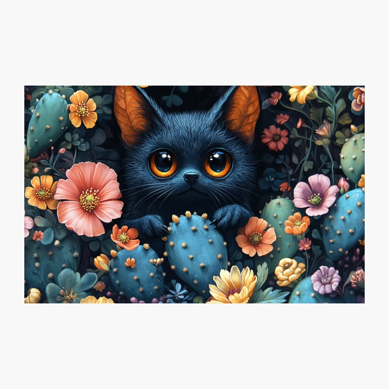 Whimsical Cat with Big Eyes Surrounded by Colorful Flowers and Cacti Travel Mug