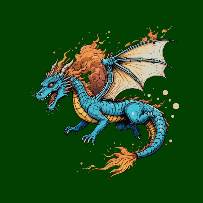 Fierce Blue Dragon with Fiery Mane and Wings Pin