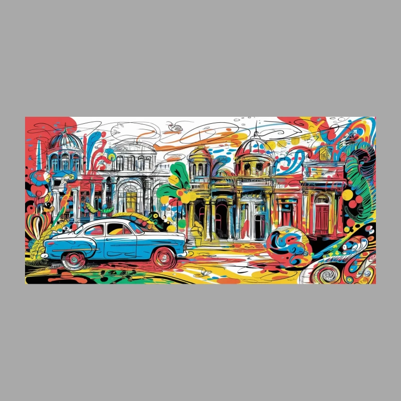 Vibrant Abstract Cityscape with Vintage Car and Architectural Elements Female Pullover Hoodie
