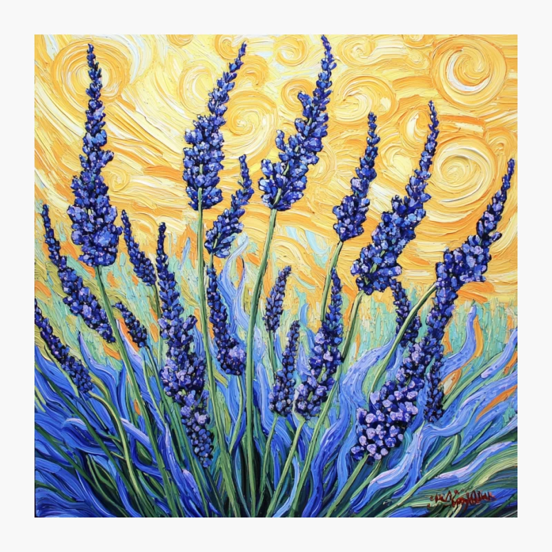 Vibrant Lavender Field: Impressionist Floral Painting with Swirling Sky Pin