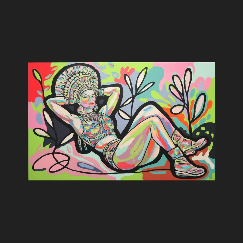 Vibrant Abstract Painting of Reclining Female Figure with Ornate Headdress Bucket Hat