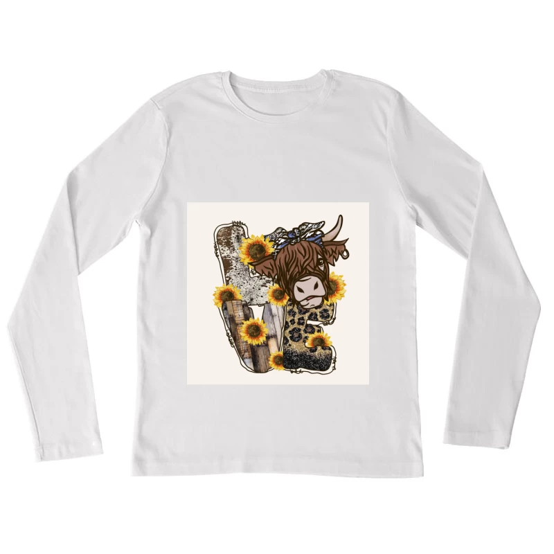 Highland-Kuh und Sonnenblumen-Design Damen Langarm T-Shirt