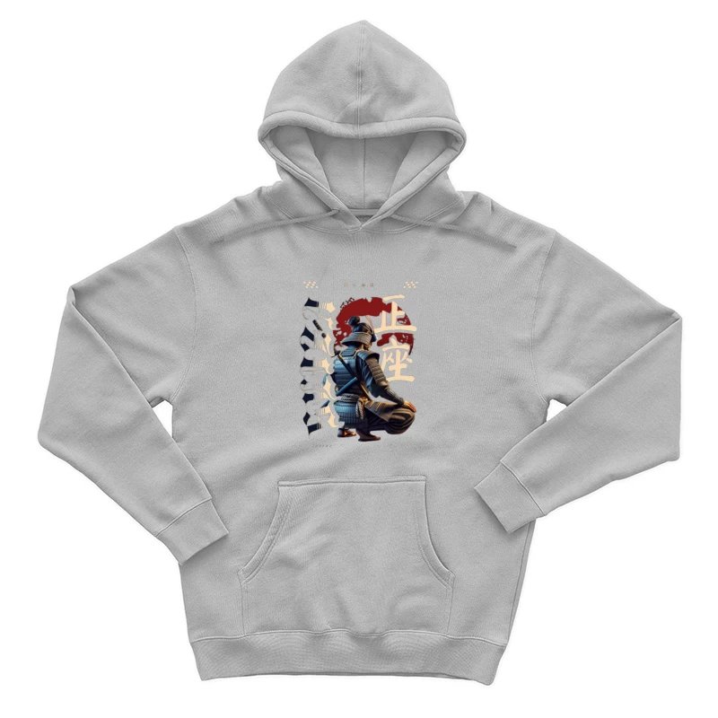 Kneeling Samurai Warrior with Traditional Japanese Calligraphy Male Pullover Hoodie