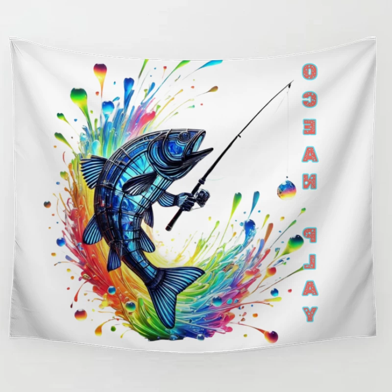 Rainbow Fish Splash: Artistic Fishing Adventure Tapestry