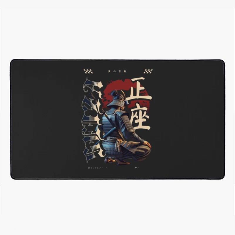 Kneeling Samurai Warrior with Traditional Japanese Calligraphy Desk Mat