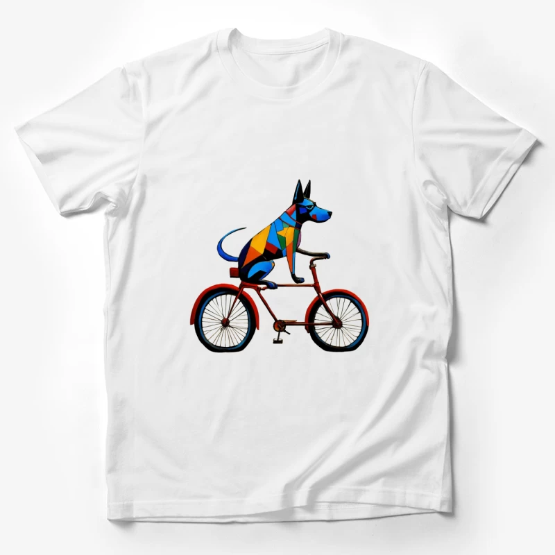 Geometric Colorful Dog Riding Red Bicycle Art Male T-Shirt