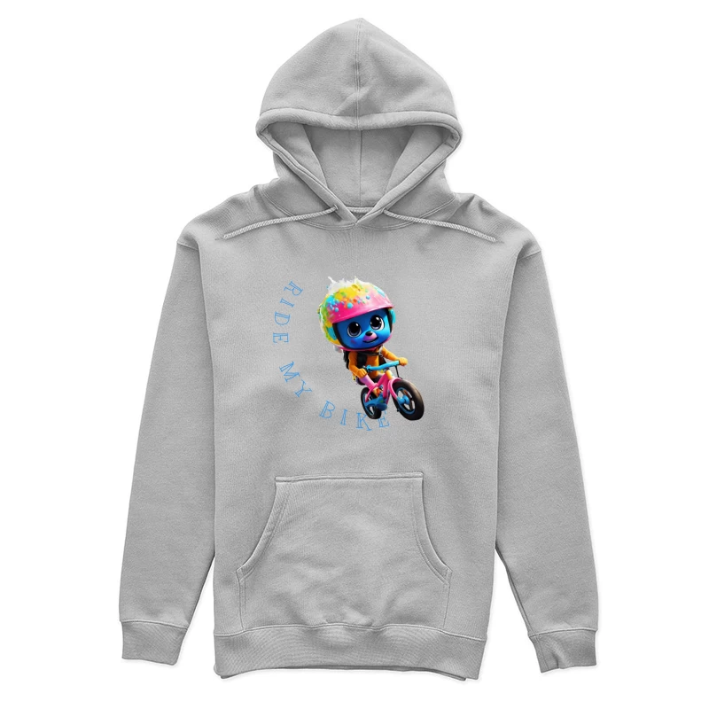 Cute Blue Animated Character Riding Colorful Bike with Safety Helmet Female Pullover Hoodie