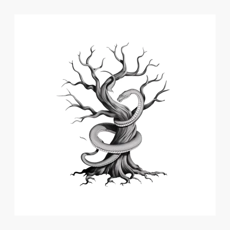 Twisted Tree with Serpent: A Surreal Monochrome Illustration Pin