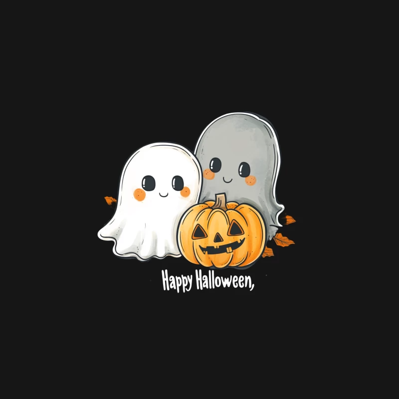 Cute Halloween Ghost and Pumpkin Cartoon Illustration Female Long Sleeve T-Shirt