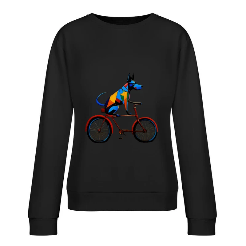 Geometric Colorful Dog Riding Red Bicycle Art Female Pullover Sweatshirt