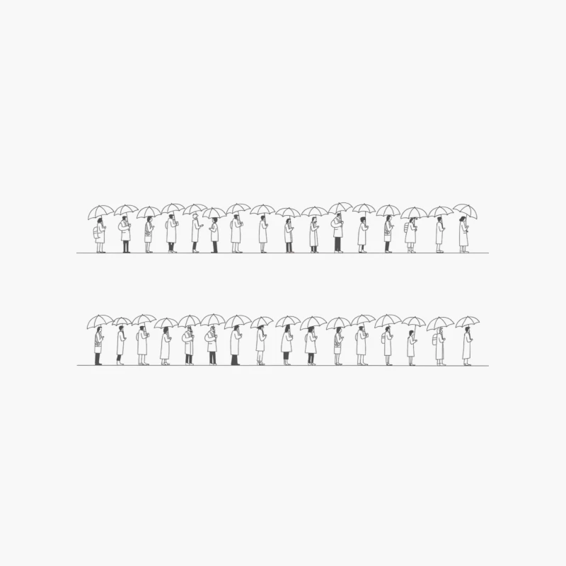 Identical Figures with Umbrellas Lined Up in Sketch Cotton Tote Bag