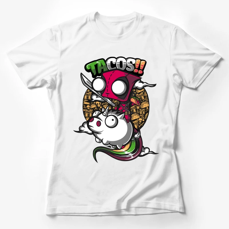 Colorful Cartoon of Tacos with a Unicorn and Knife-wielding Character Female T-Shirt