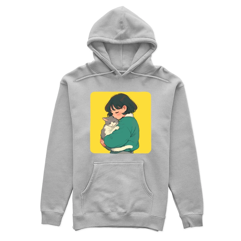 Gentle Embrace: Girl in Green Cuddling Gray Cat Female Pullover Hoodie