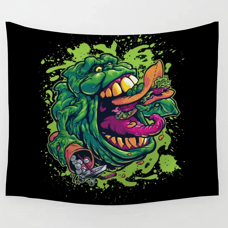 Colorful Monster Eating Food Illustration Tapestry