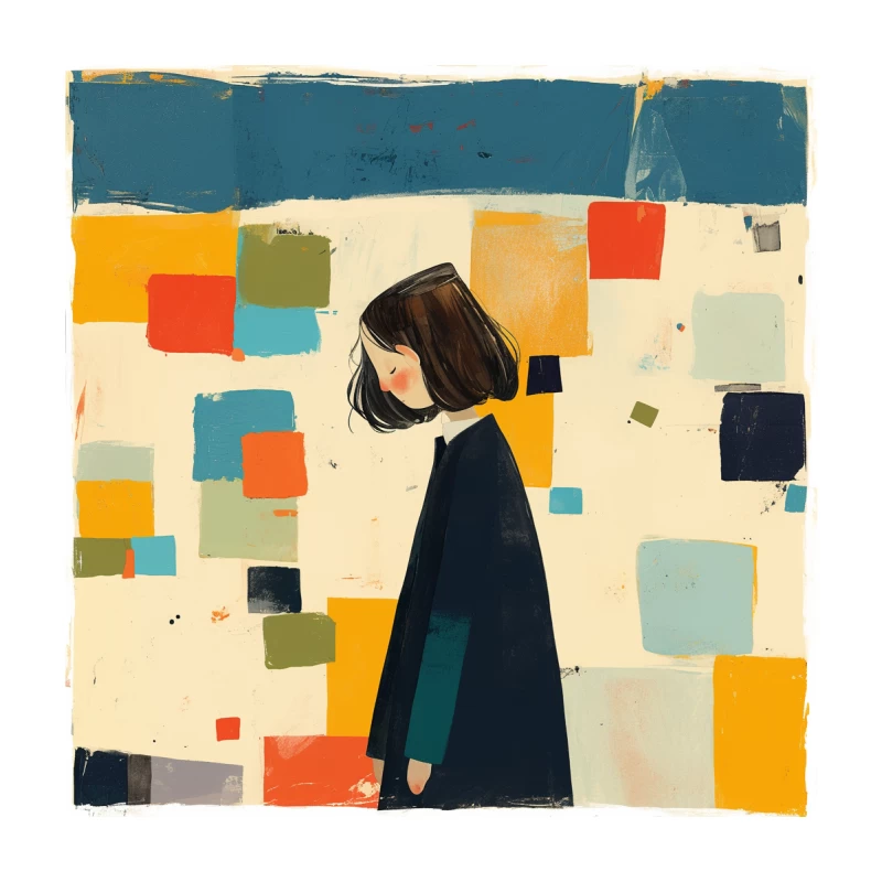 Minimalist Illustration of Figure in Black Coat Against Colorful Abstract Squares Throw Pillow