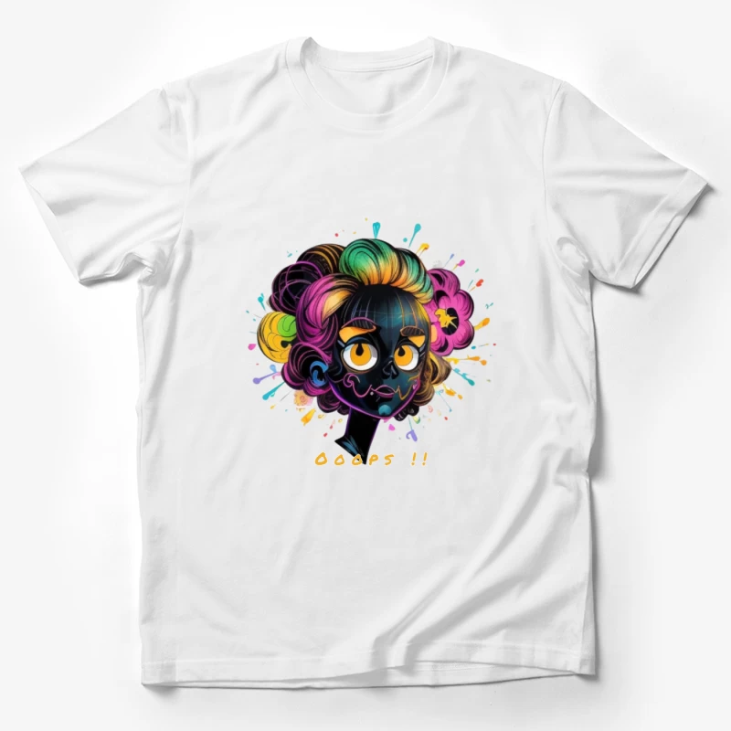 Whimsical Cartoon Character with Rainbow Hair and Paint Splashes Male T-Shirt