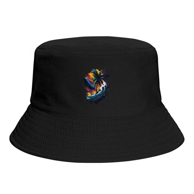 Tropical Sunset with Palm Tree and Ocean Waves Bucket Hat