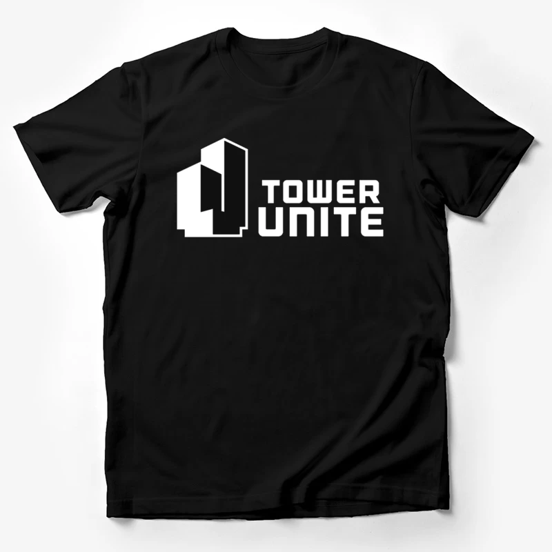 Minimalist Tower Unite Logo Design in Black and White Male T-Shirt