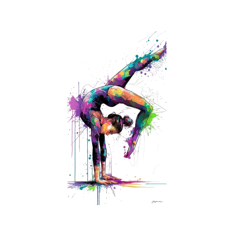 Vibrant Splatter Art of Flexible Gymnast Pose Tapestry