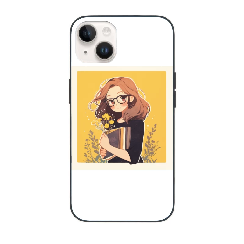 Bookish Girl with Yellow Flowers - Anime Style Illustration iPhone Case