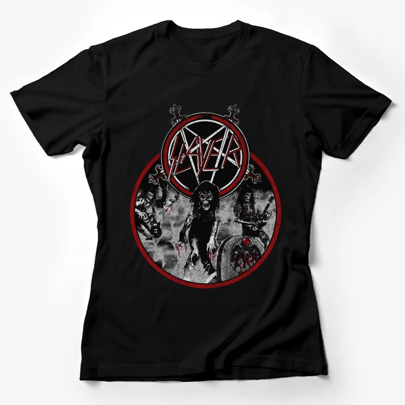 Slayer Heavy Metal Band Logo with Dark Horror-Themed Artwork Female T-Shirt