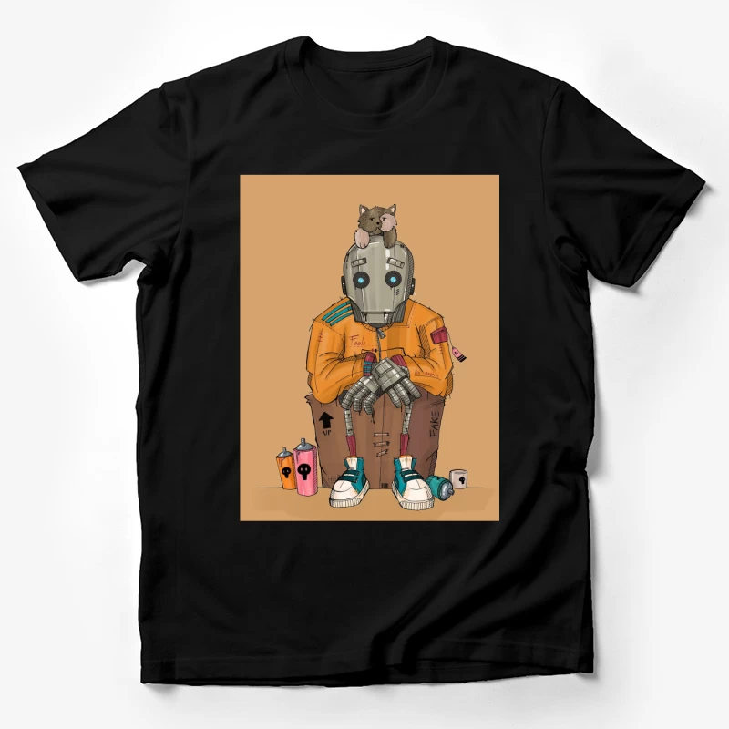 Urban Robot with Cat in Street Art Style Male T-Shirt