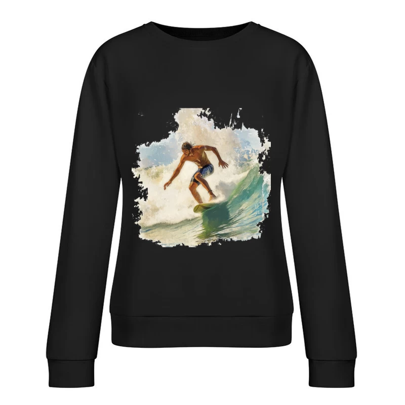 Dynamic Watercolor Surfer Riding Turquoise Wave Female Pullover Sweatshirt