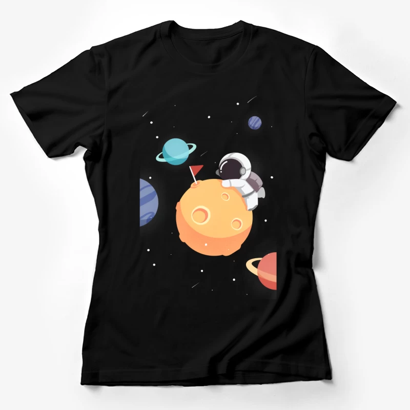 Astronaut auf Planeten mit bunten Planeten im Weltraum Damen T-Shirt