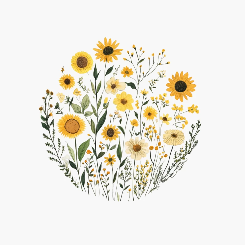 Cheerful Sunflower and Wildflower Botanical Illustration Cotton Tote Bag