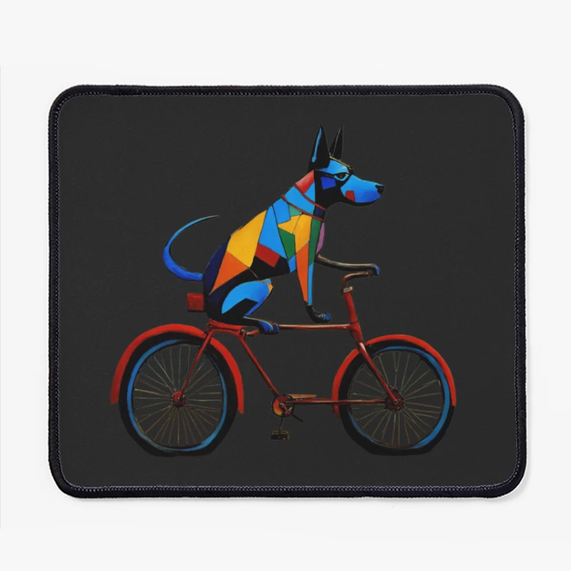 Geometric Colorful Dog Riding Red Bicycle Art Mouse Pad