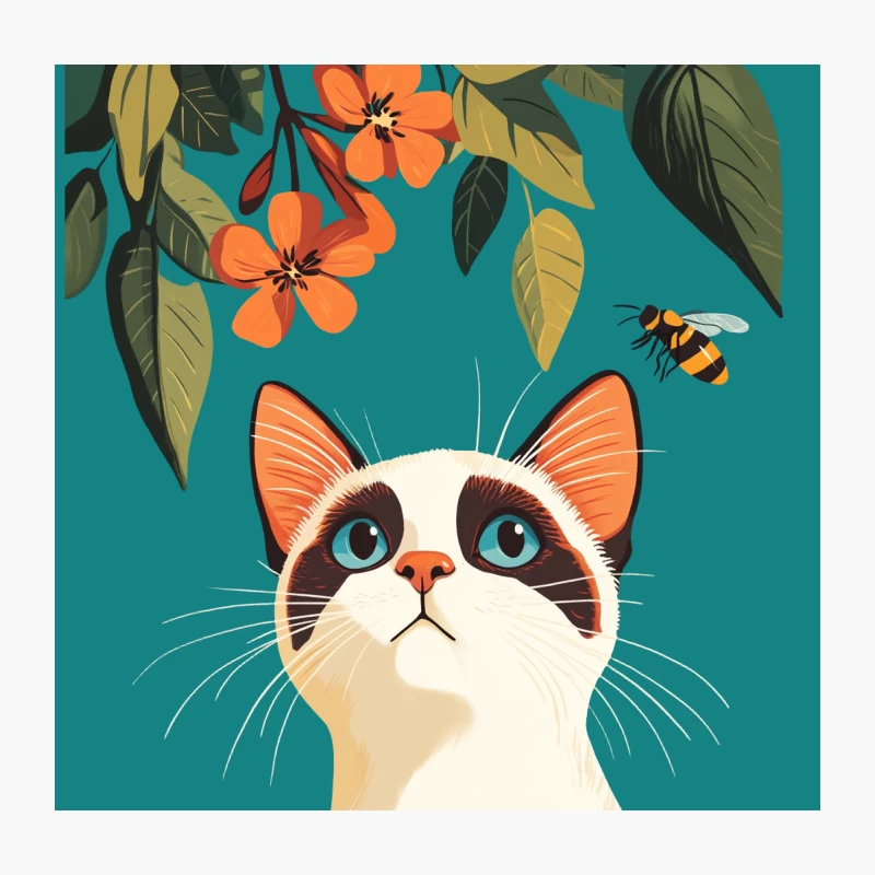 Curious Cat Admires Flowers and Bee in Colorful Illustration Throw Pillow