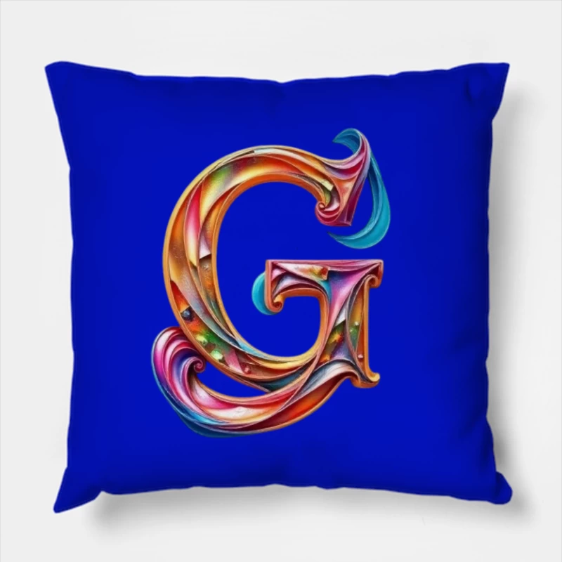 Colorful 3D Typography: Decorative Letter G with Swirling Gradient Pattern Throw Pillow