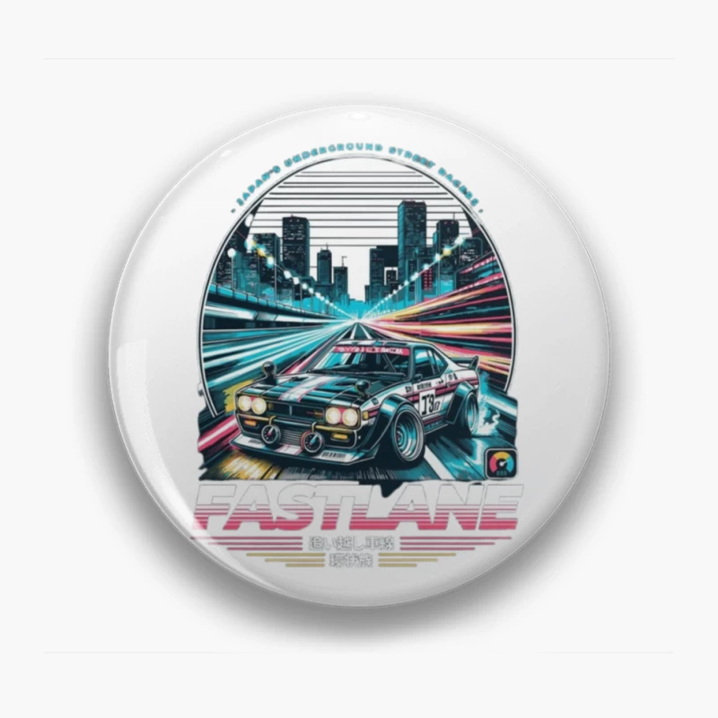 Retro Sports Car Racing Through Neon Cityscape - Synthwave Style Pin