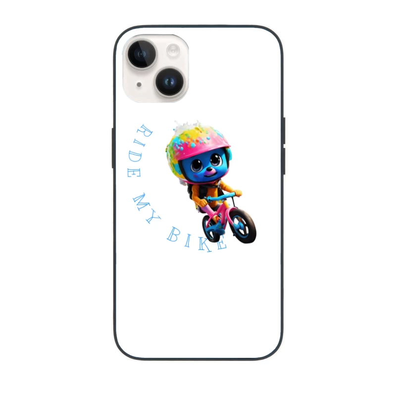 Cute Blue Animated Character Riding Colorful Bike with Safety Helmet iPhone Case