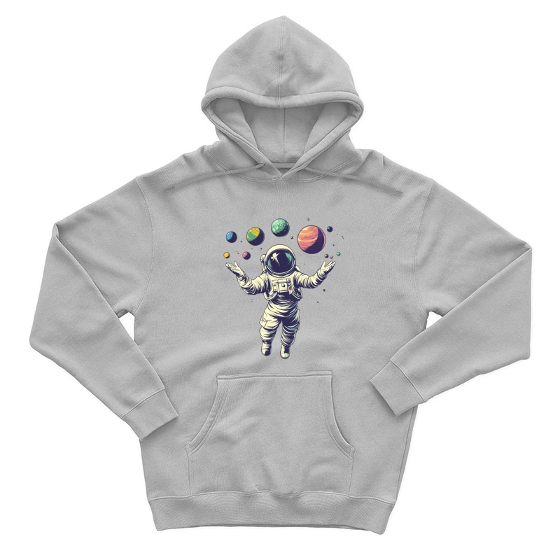 Cosmic Juggler: Astronaut Balancing Planets in Space Male Pullover Hoodie